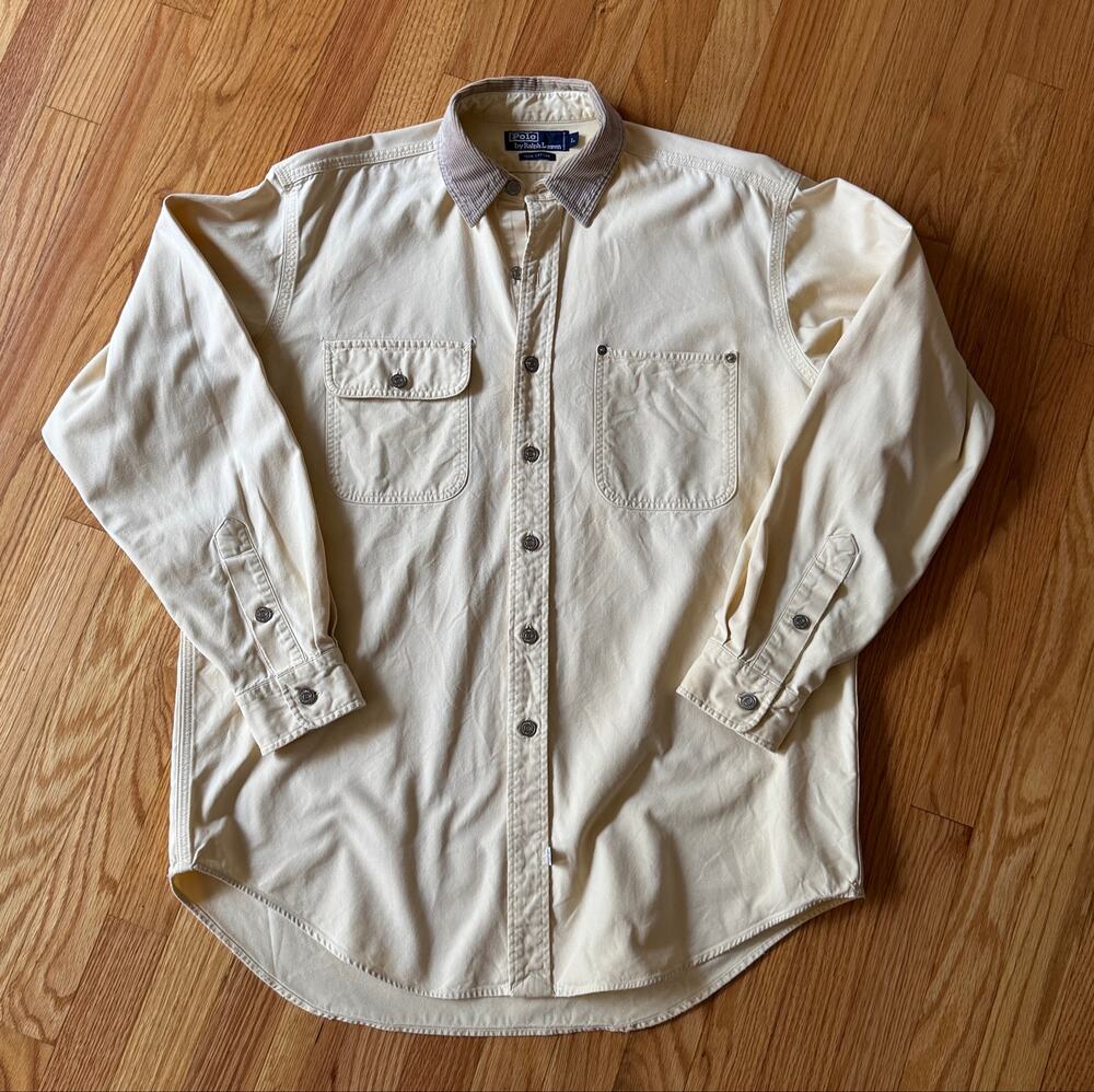 Vintage Polo Ralph Lauren Canvas Work Shirt | Pale Yellow with Corduroy Collar